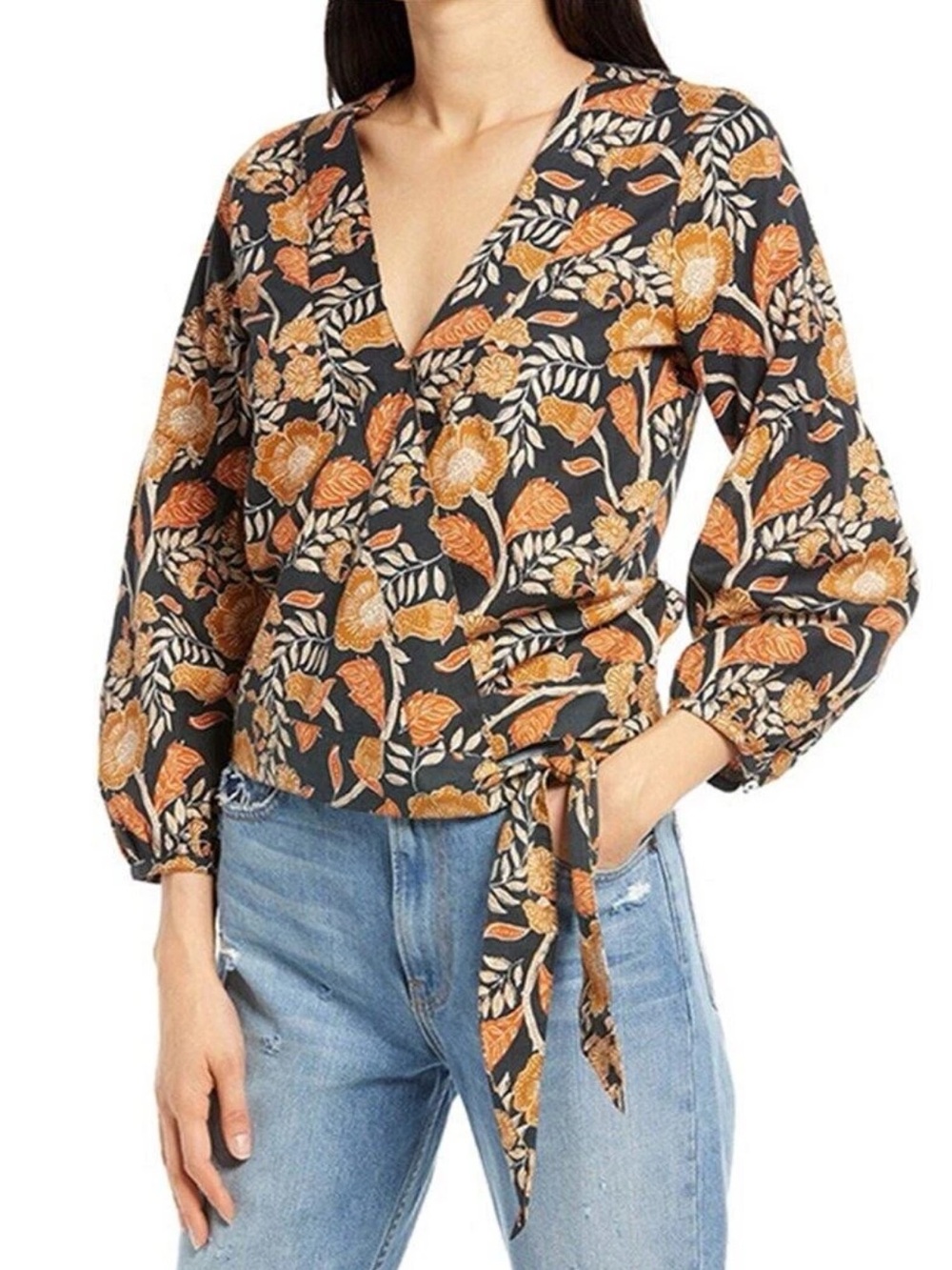 FAHERTY Seraphina Wrap Blouse in Black Avignon Floral BLACK Size XS